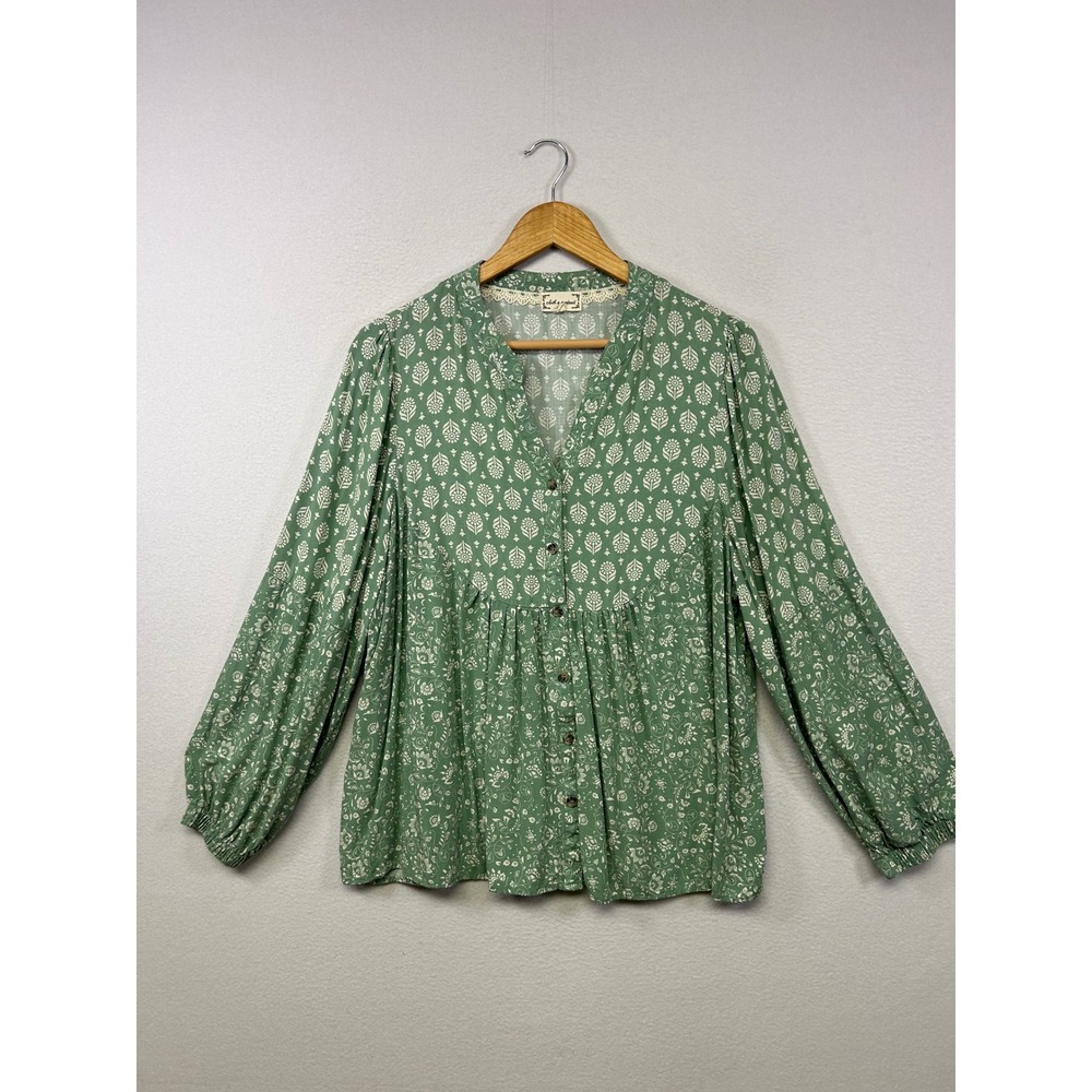 Cottagecore Cloth & Portrait Womens XL Sage Green Floral Babydoll Blouse Top